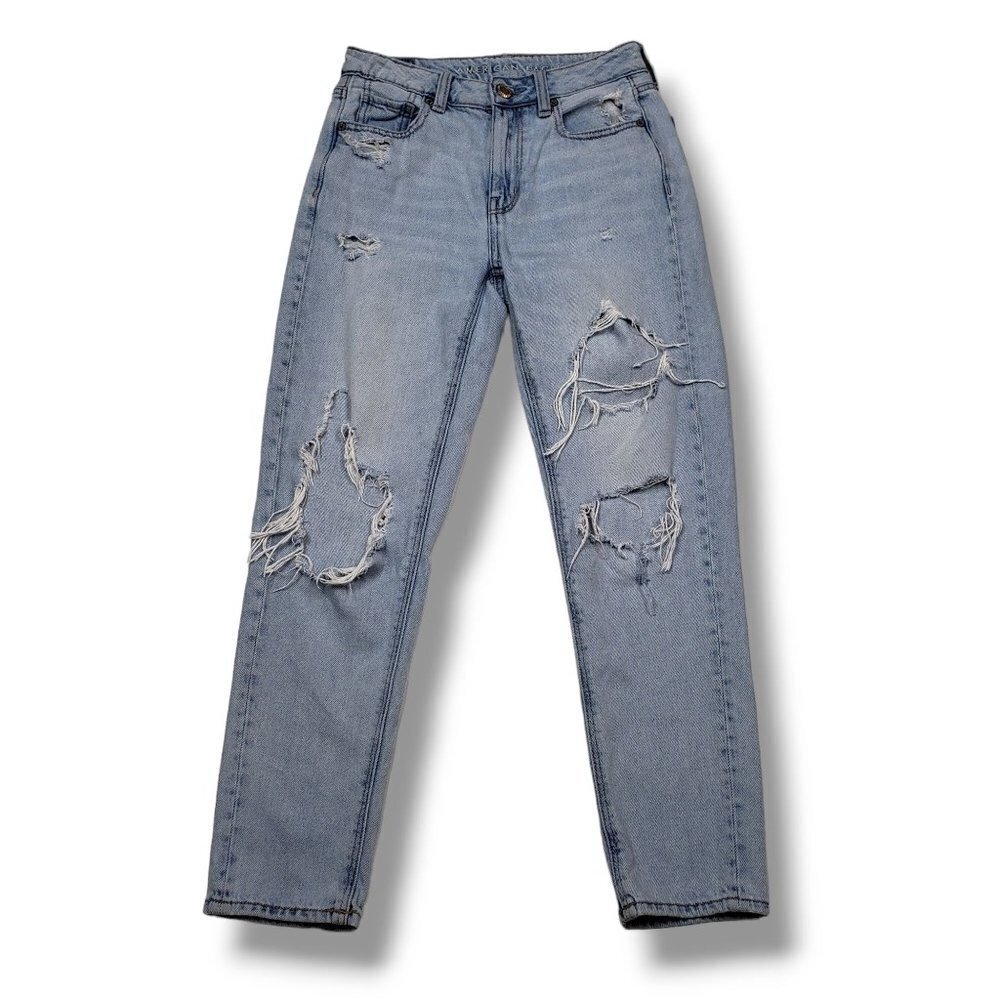 American Eagle Hi Rise Tomgirl Jeans Womens 00 Short Distressed Ripped Light Was